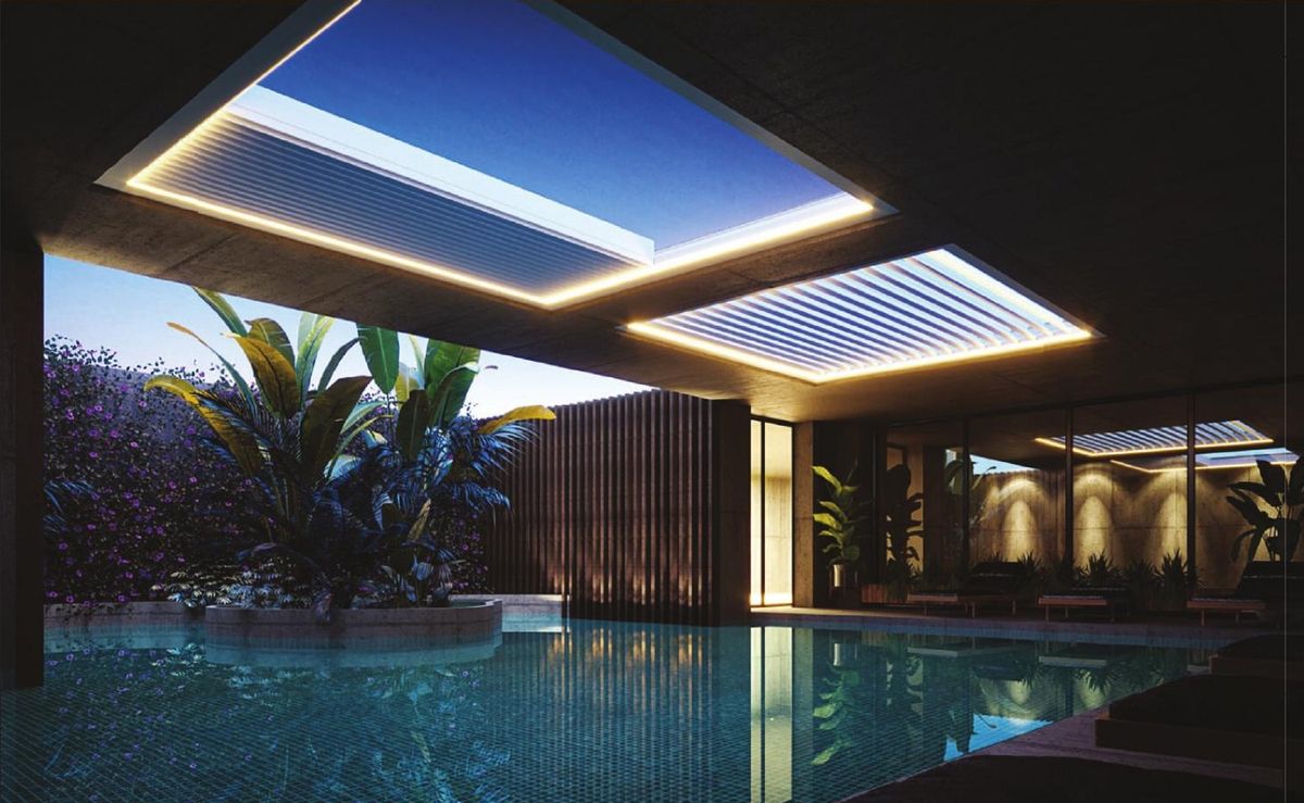 Pergola bioclimatique éclairage LED, lames ouvertes sur le ciel