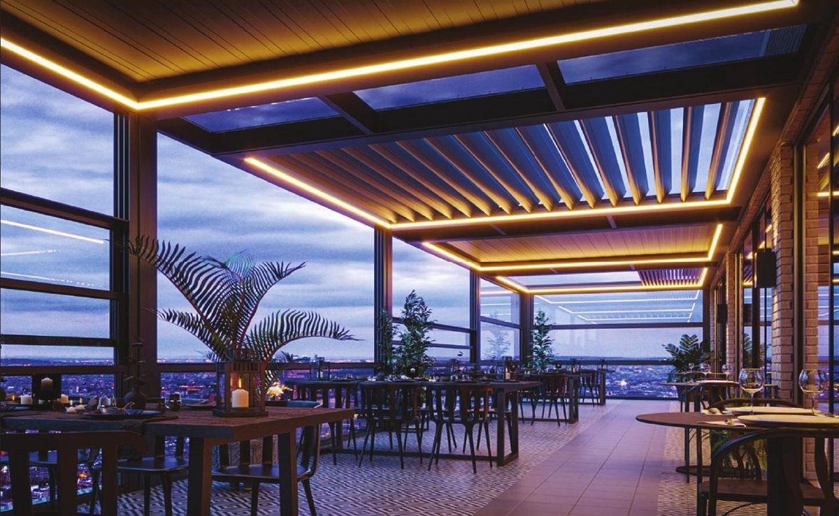Pergola bioclimatique sur rooftop de restaurant