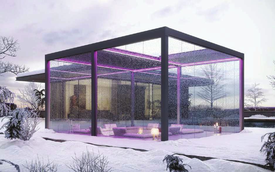 Pergola bioclimatique sous la neige avec éclairage LED