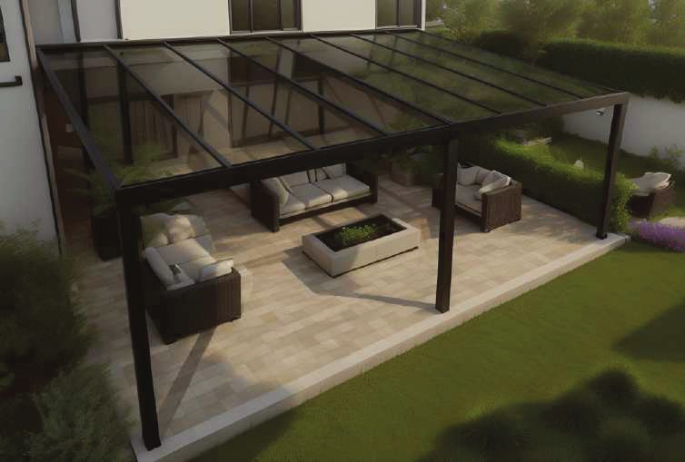 Véranda adossée à toiture vitrée au-dessus d'une terrasse