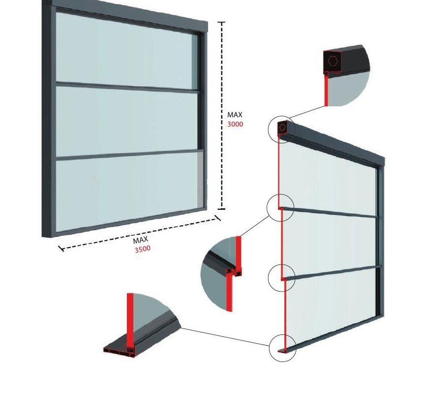 Schéma du châssis guillotine : caisson moteur, rails et panneaux vitrés, dimensions max 3000 x 3500 mm